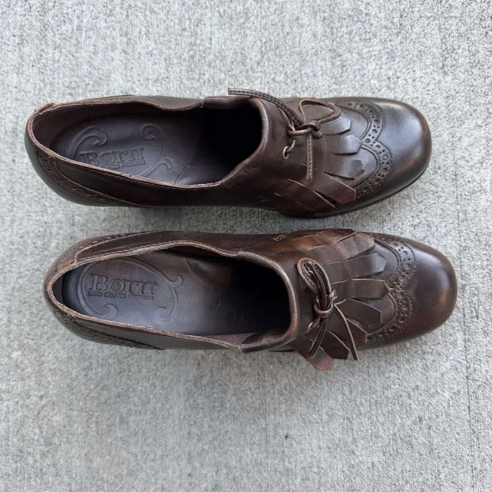Born Brown Leather Kiltie Lace Up Pumps Womens 8.5 Block Heel Comfort Oxford